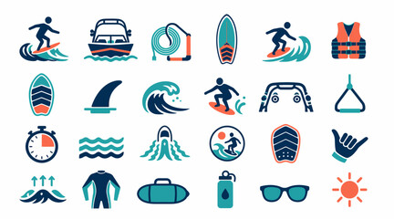 Colorful surfing and water sports icon collection. © Adi