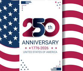 250th anniversary USA festive banner for 4th of July greetings and invitations. Waving national flag of the United States © ーの方へ クリエイターの方へ