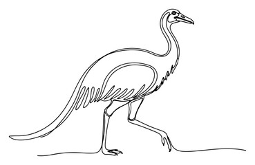 Obraz premium Struthiomimus Bird-like Dinosaur One Line Drawing, Gallimimus Prehistoric Animal Minimalist Vector Illustration, Ancient Ostrich Concept