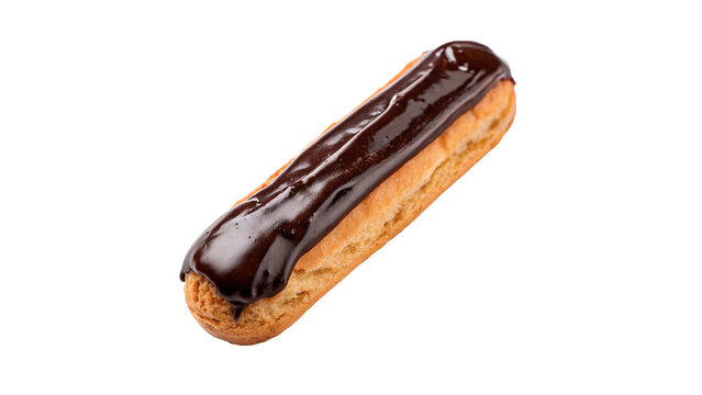 Delicious sweet baked eclair pastry glazed with dark chocolate confectionery dessert isolated on transparent background