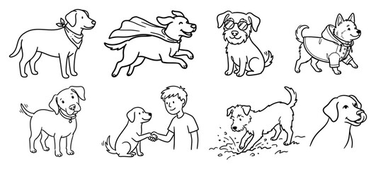 Fototapeta premium Dogs in various playful poses and outfits hand drawn doodle style