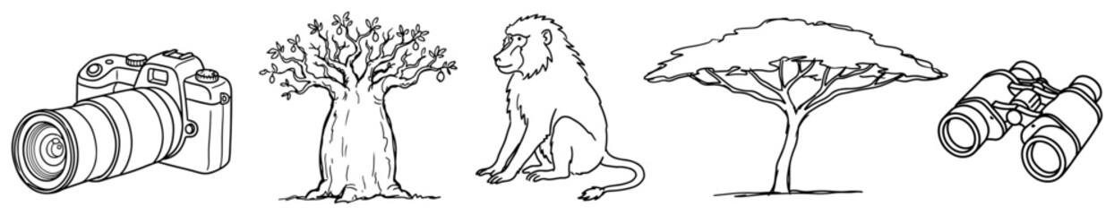 African safari elements including trees animals and equipment hand drawn sketch style © AnjaliDesai