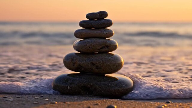 Balanced stack of seven smooth dark pebbles on a sandy beach during sunset with ocean waves in the background. Natural golden hour lighting on wet sand and bokeh shoreline.
