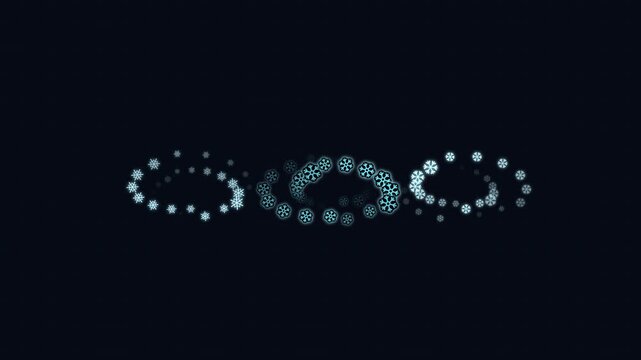Neon snowflakes rotating in three circles on black background