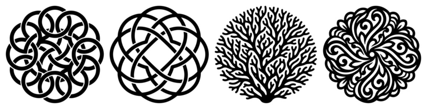 Ornament icons set featuring celtic knots and mandala designs circular vector graphics