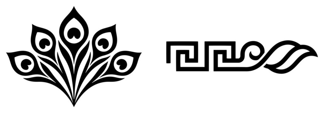 Greek key pattern border and peacock feather ornamental design elements