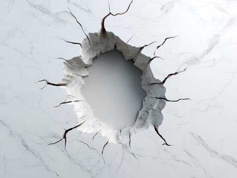 Dramatic crack in white marble revealing a void