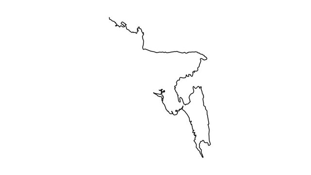 Animation of bangladesh country map outline being drawn continuously on white background.