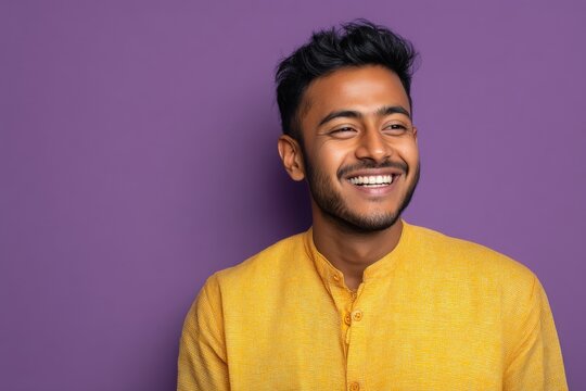Happy young South Asian man smiling in a yellow kurta against purple background