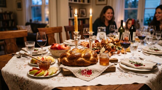 Family gathering for a festive Rosh Hashanah dinner with challah bread apples and honey