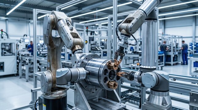 Automated station assembling axial piston block pistons and shoes highlighting precision robotic arms in a modern manufacturing environment.
