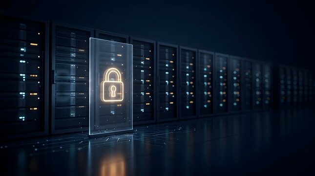 Digital security concept with a glowing padlock icon on a transparent screen in front of a server rack array, representing data protection and network safety in a data center environment.