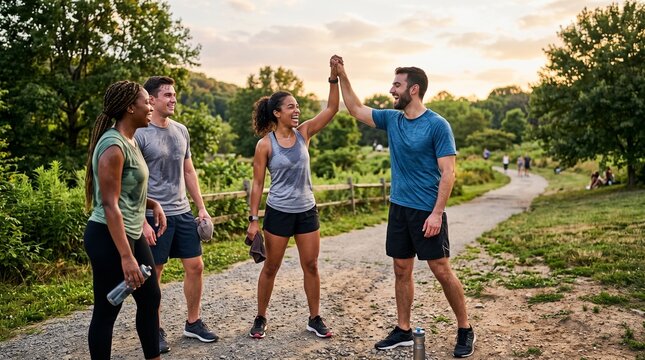 Diverse group of friends celebrating fitness achievement with high fives on a park trail at sunset