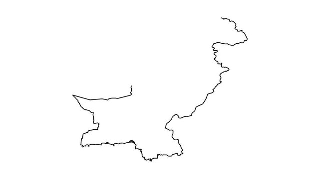 Animation of drawing outline map of pakistan emerging gradually on white background frame.