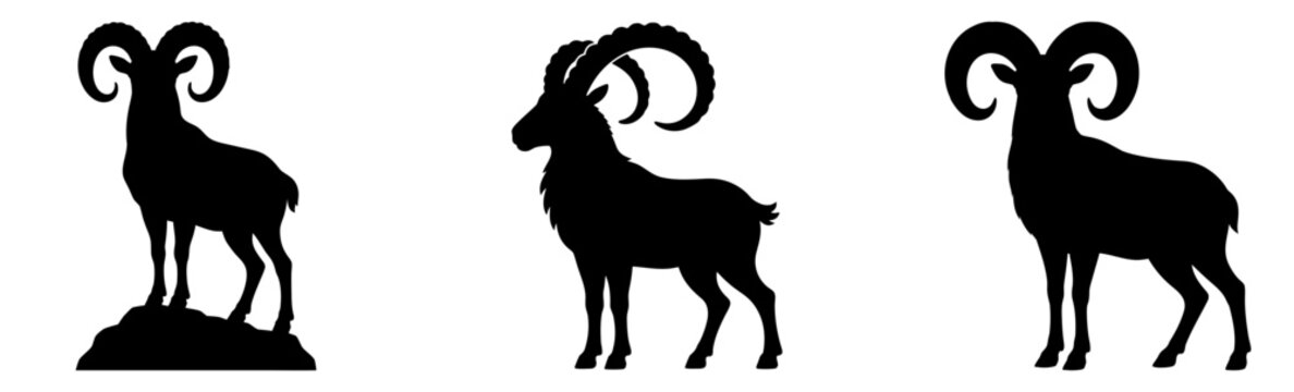 Argali and bighorn sheep vector silhouettes bundle with large horns isolated on transparent background, perfect for Aries zodiac logos, masculine branding, vinyl decals, and laser engraving