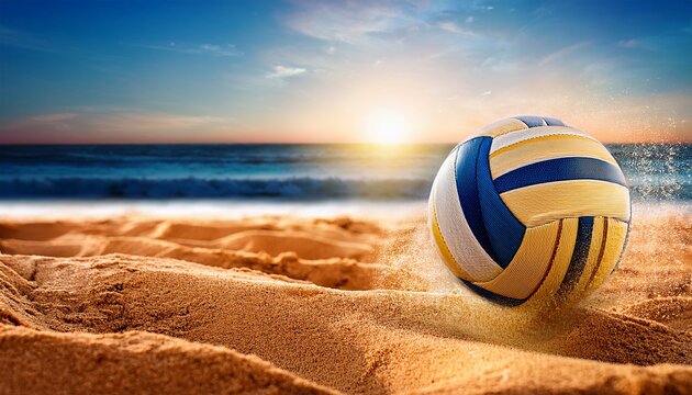 a volleyball hitting the sand depicting the intensity of a beach match close up focus on impact surreal overlay backdrop of a sunny beach