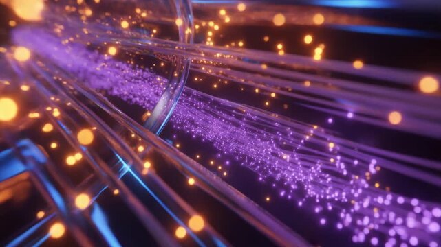 透明なコネクターからガラス管へ紫色の光通信信号が流れ込みオレンジ色の微細な発光粒子が高速伝送される