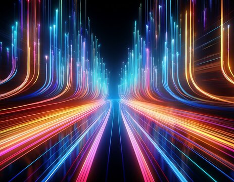 abstract digital illumination a stunning digital artwork showcasing vibrant luminous light trails cascading downwards creating an immersive visual effect on a dark background