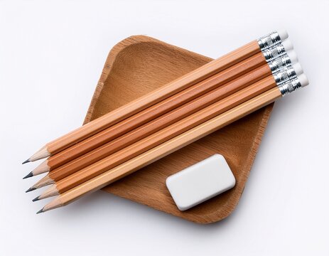 pencil natural wood with white eraser isolated white background top view
