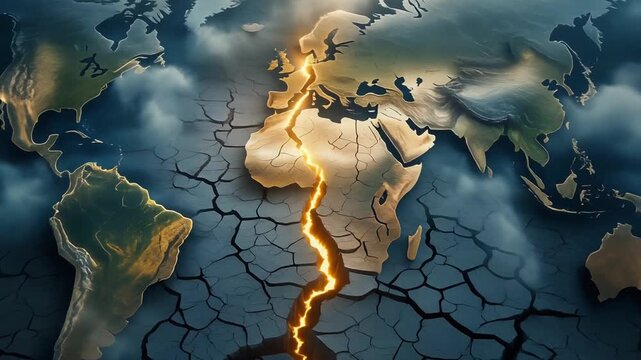 乾いた大地の世界地図を深い亀裂が大陸全域へ走り割れ目の黄金色の光と厚い雲が世界経済崩壊を壮大に示す