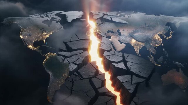 世界地図の大陸を巨大な亀裂が縦横に走り内部の光と厚い雲が世界規模経済破壊の金融危機と景気悪化を重厚に象徴する