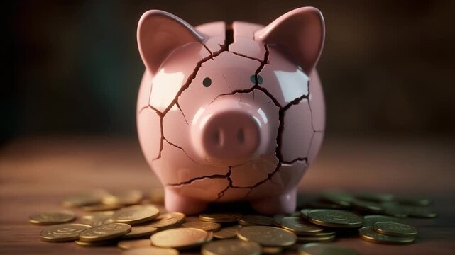 経済破壊を象徴する淡い桃色の貯金箱を深い亀裂が頭部から胴体へ走り大量の硬貨と暗い背景が家計悪化と消費低迷を静かに示す