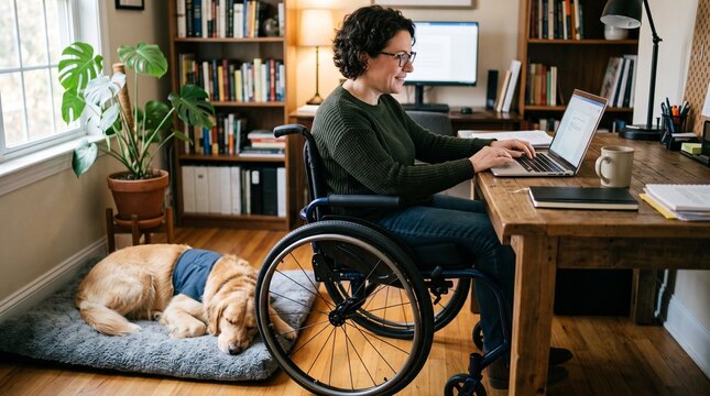Woman in wheelchair working on laptop at desk with dog sleeping nearby in home office