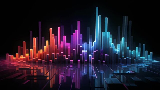 Abstract sound wave visualization pulsing with vibrant neon colors on a dark reflective surface during a digital audio spectrum analysis