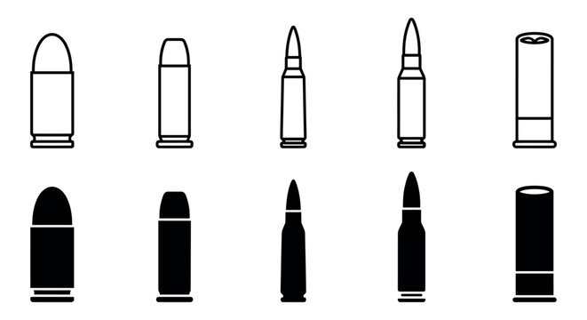 Set of bullet and ammunition icons in outline and solid styles for military design