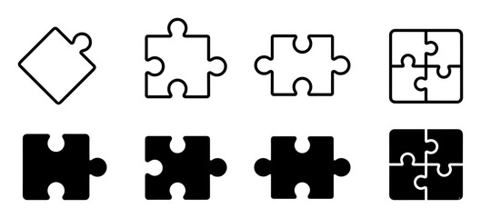 Set of isolated puzzle piece icons in different shapes and styles representing parts and connections on transparent background © Yurii