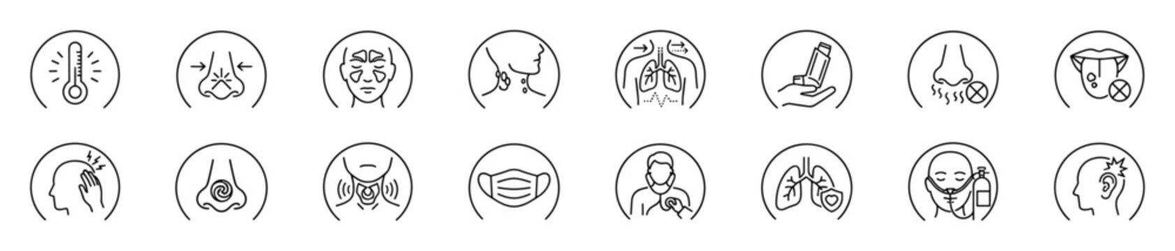 Medical line icons set representing symptoms and health conditions including fever, nasal congestion, sinus pain, lymph nodes, lung function, asthma, bad smell, mouth on transparent background