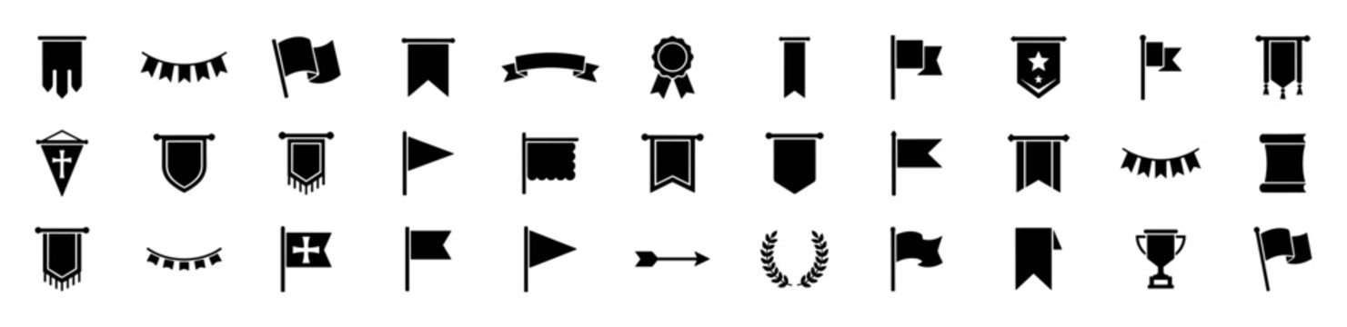 Set of black flag and banner icons including pennant, ribbon, award, trophy, laurel, and decorative flags in various shapes and styles on transparent background