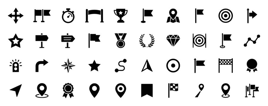 Set of various black navigation, location, direction, and achievement icons including flags, maps, trophies, targets, compass, stopwatch, and medals on transparent background