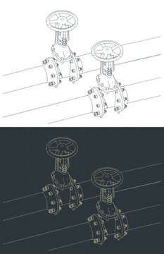 Industrial steel pipes with handwheel valves isometric blueprints