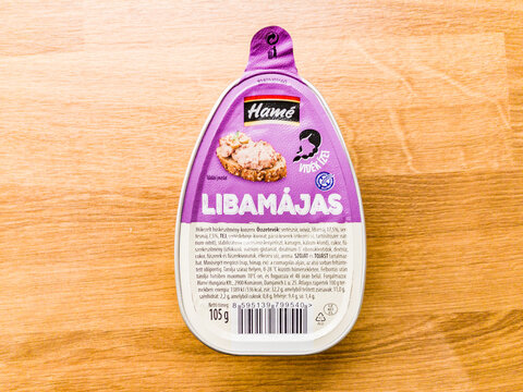 A single pack of Hame Libamajas goose liver pate on a wooden background.