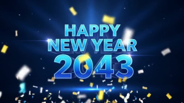 Happy New Year 2043 celebration with glowing digital fireworks. Futuristic countdown party background with neon confetti and 3D text effect.