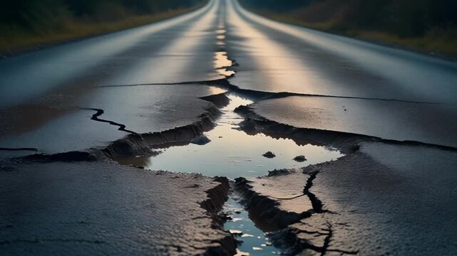 Cracked asphalt road with water puddles reflecting sunset light during dramatic cinematic motion