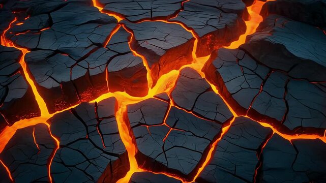 Cracked volcanic earth glowing with internal molten lava during a cinematic slow reveal against a dark background