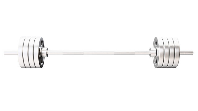 Crossfit, weightlifting, powerlifting barbell consisting of a metal bar and weight plates on it on a transparent background.