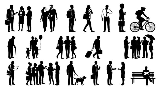 Diverse Silhouettes of People in Various Activities and Interactions.