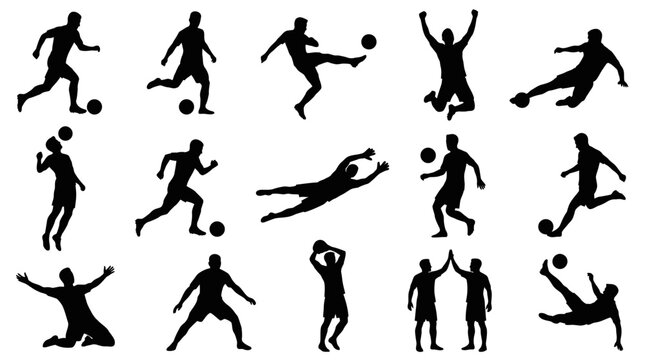 Dynamic silhouettes of soccer players in various action poses on a white background.