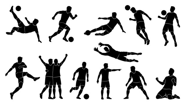 Dynamic Silhouettes of Soccer Players in Various Action Poses.