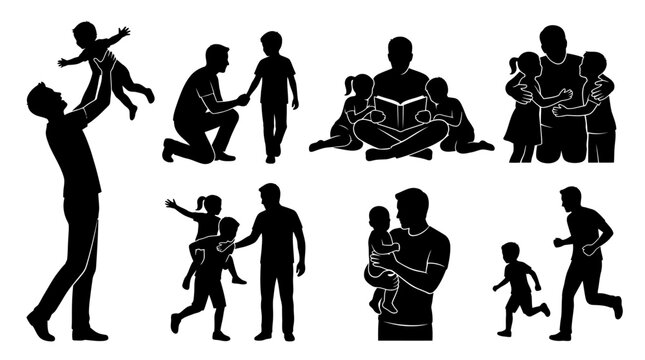 Father and children silhouettes depicting various family activities and bonding moments.