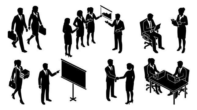 Isometric Business People Silhouettes - Diverse Professional Interactions and Corporate Activities.