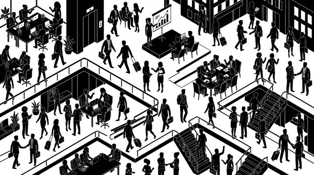 Isometric illustration of a bustling corporate office environment with numerous business people.