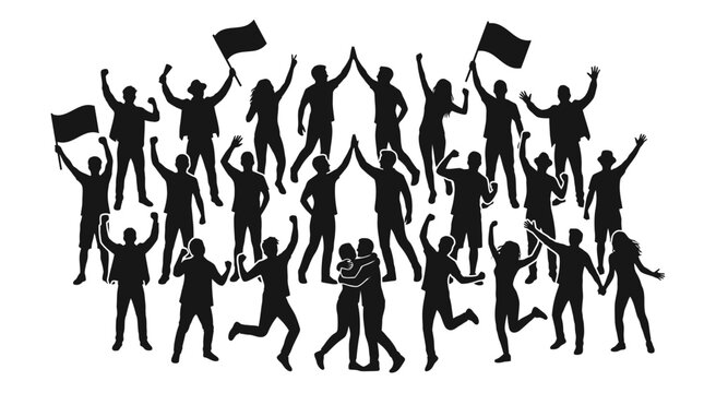 Silhouettes of diverse people celebrating with flags and raised arms.