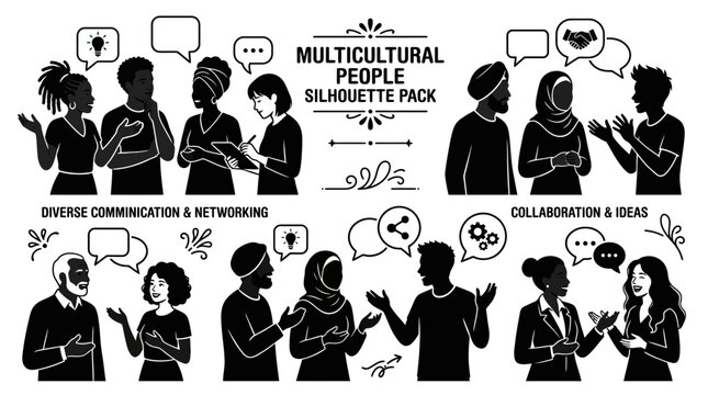 Multicultural People Silhouette Pack Diverse Communication Networking Collaboration Ideas.
