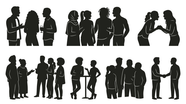 Silhouettes of diverse groups of people engaging in various social interactions and conversations.