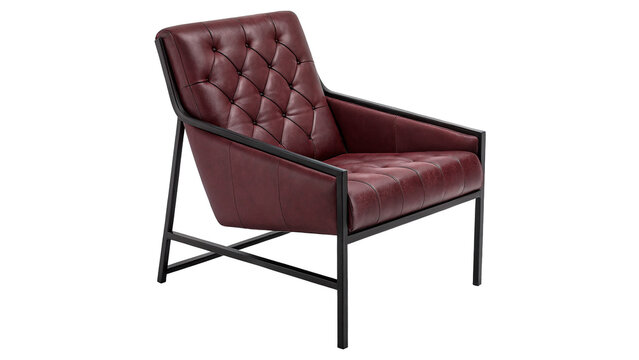 Modern minimalist dark burgundy leather armchair corporate office single sofa isolated on transparent background cut out