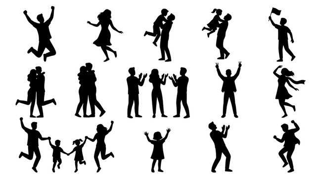 Silhouettes of diverse people celebrating and expressing joy in various poses.